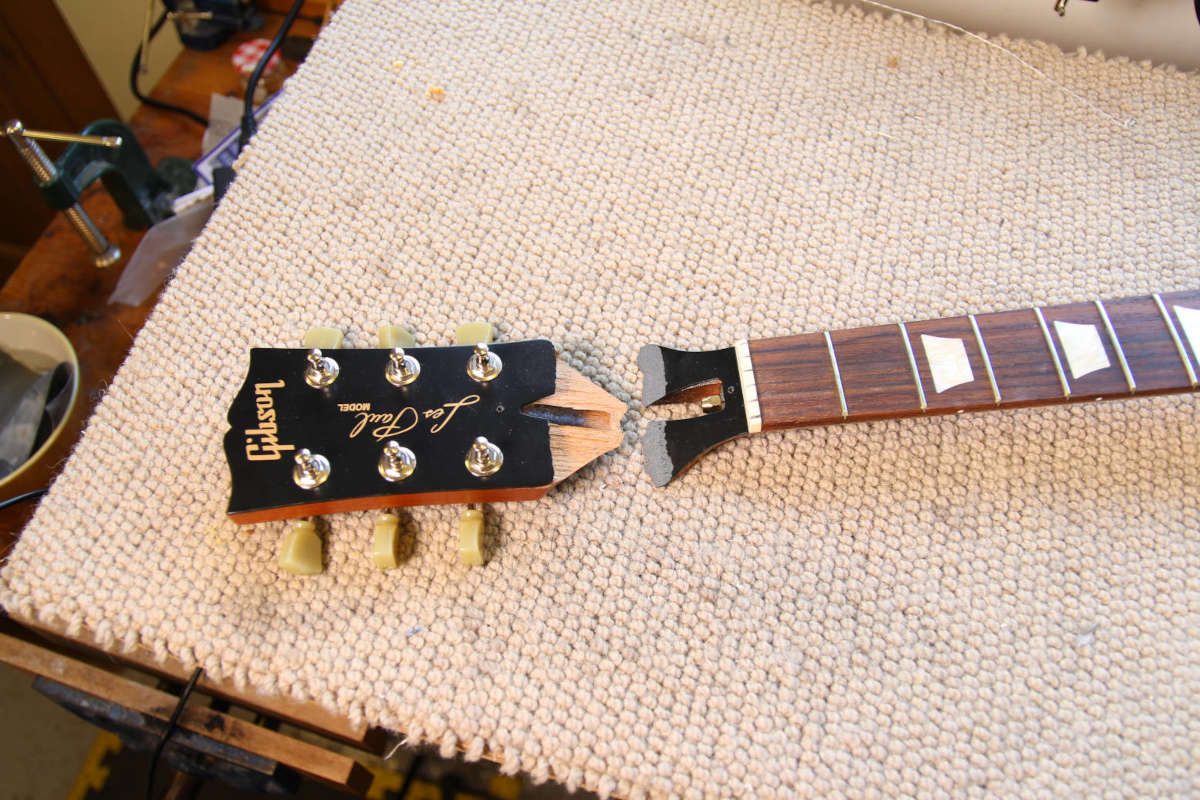 Repair of a broken Gibson Les Paul neck Flame Guitars